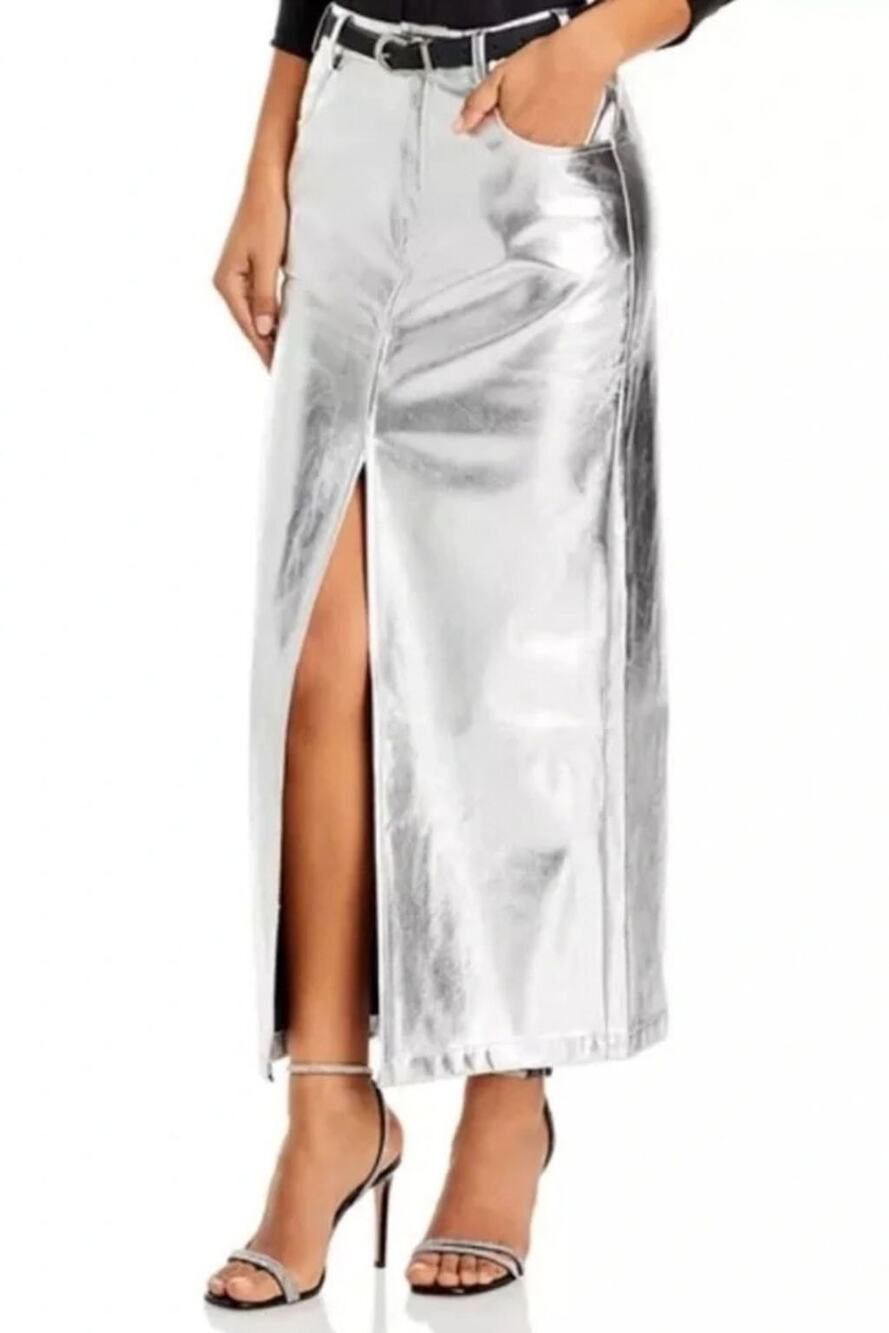 NWT Line & Dot Lined Vegan Leather Silver Metallic Front Slit Skirt Sz Medium